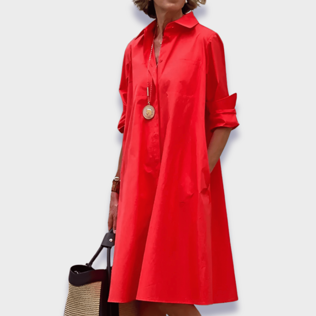 Red collared shirt dress with rolled sleeves and midi length — front view
