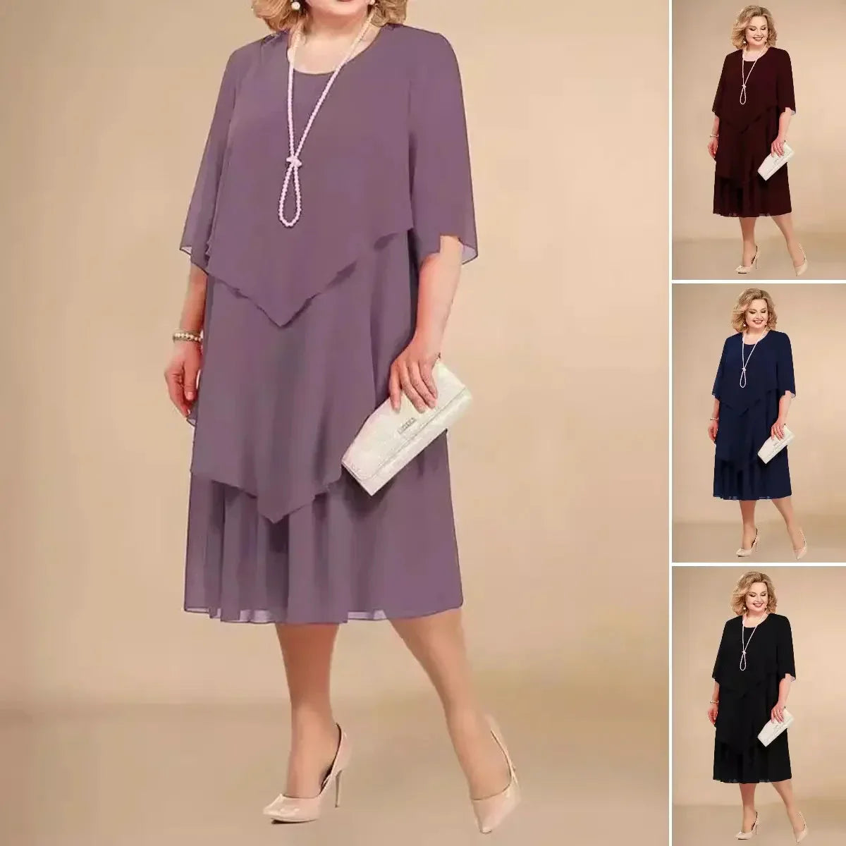 Women's Chiffon Wedding Guest Midi Dress — front view