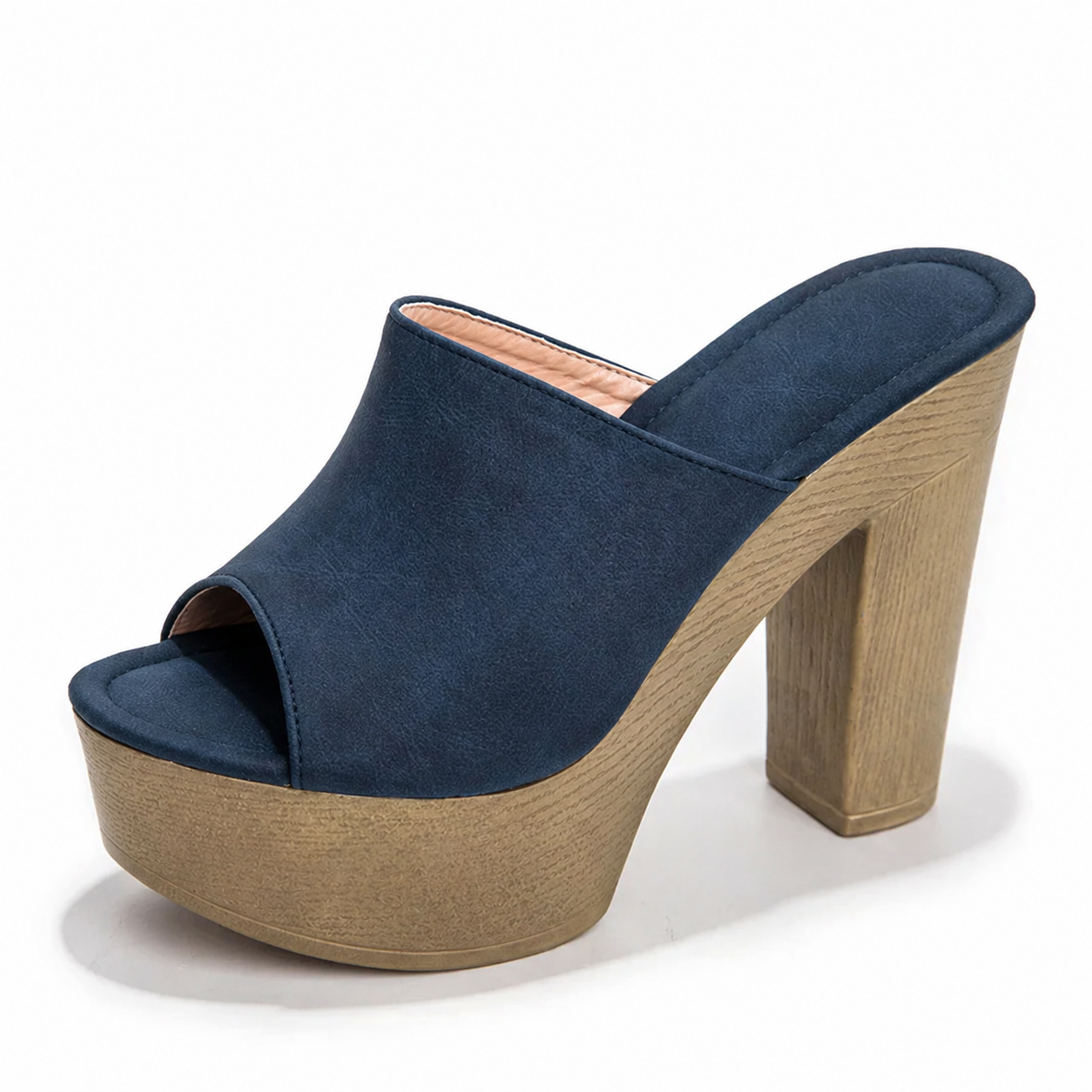 Navy blue suede platform mule with chunky wood heel and peep toe — side angle view