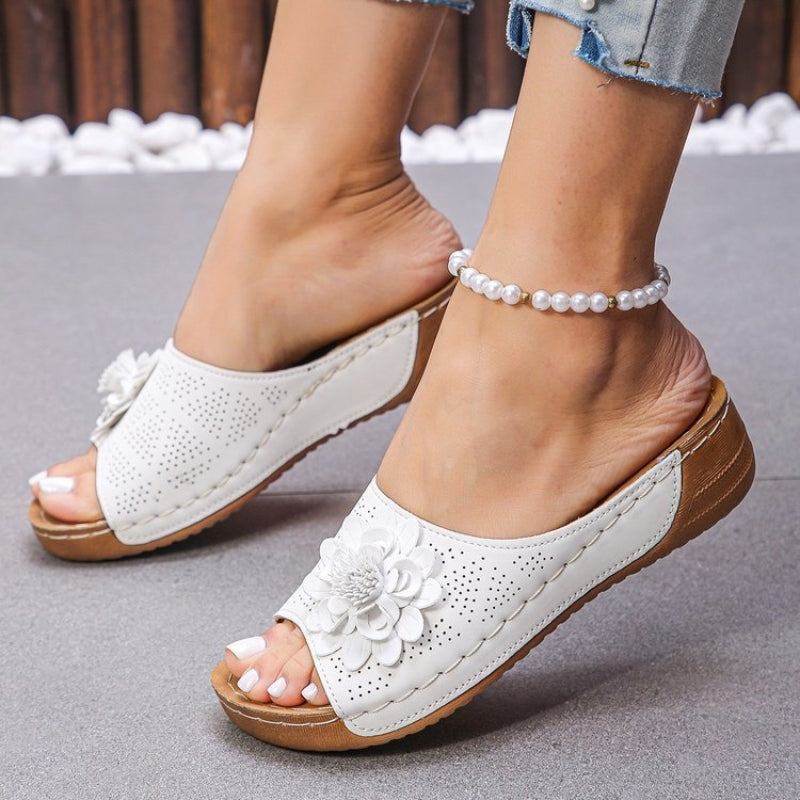 Women's Flower Wedge Slip-On Open Toe Slides — front view