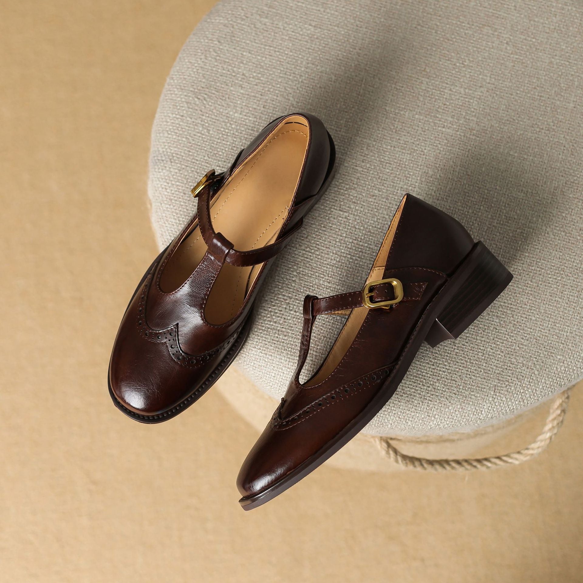Women's Leather Brogue T-Strap Mary Janes — product view