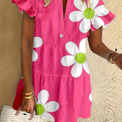 Pink midi dress with white daisy print and green centers — front view