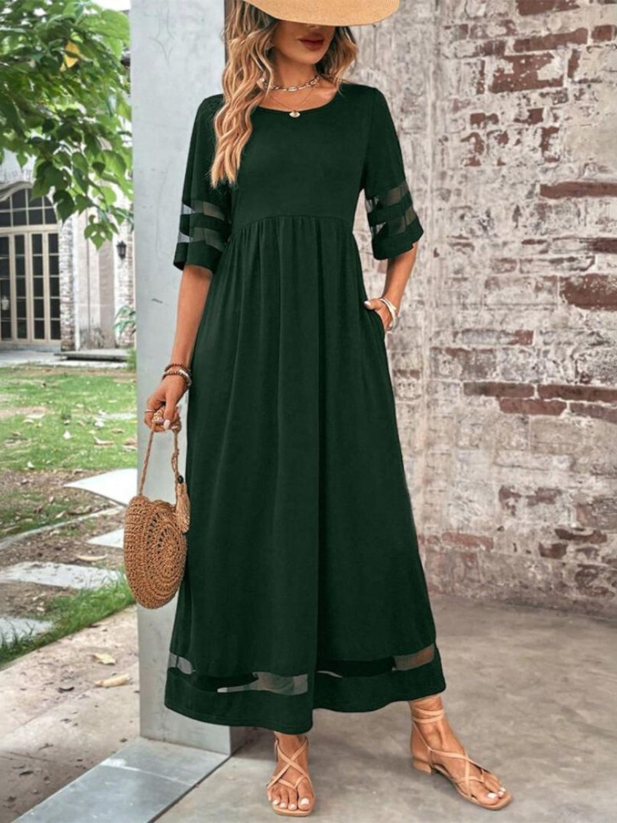 Mesh Panel Sleeve Midi Dress for Women