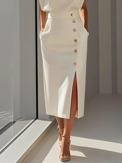 Button-Front Midi Dress with Side Slit for Women