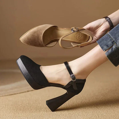 Women's Platform Block Heel Pumps Ankle Strap High Heels — close-up