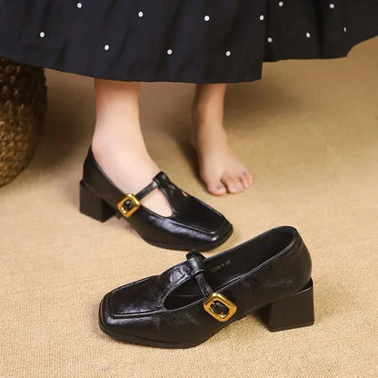 Women's Square Toe Mary Jane Block Heel Gold Buckle — close-up