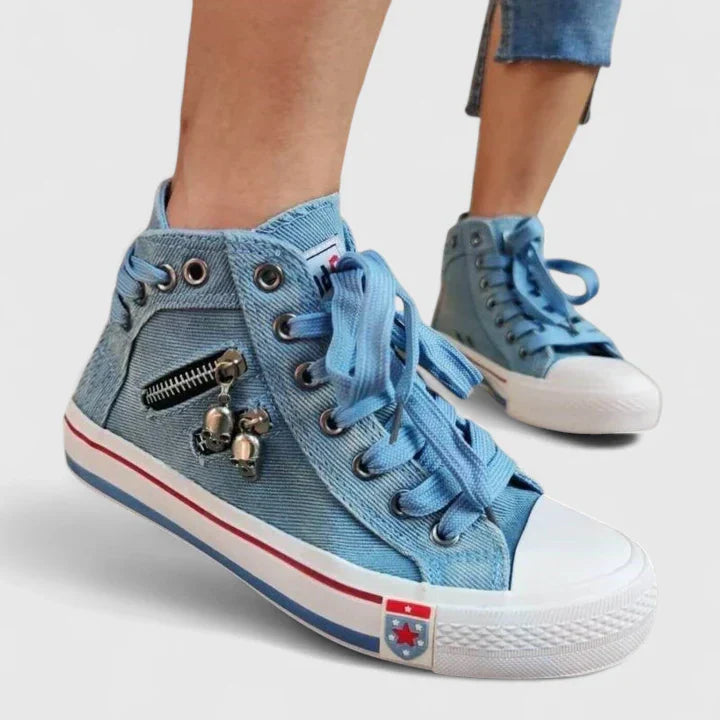 Denim High-Top Lace-Up Zip Sneakers for Women — product view