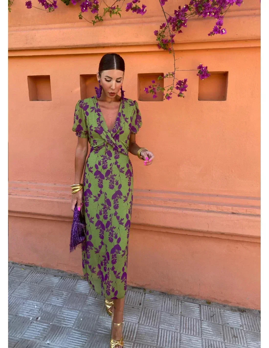 V-Neck Floral Print Midi Dress for Women