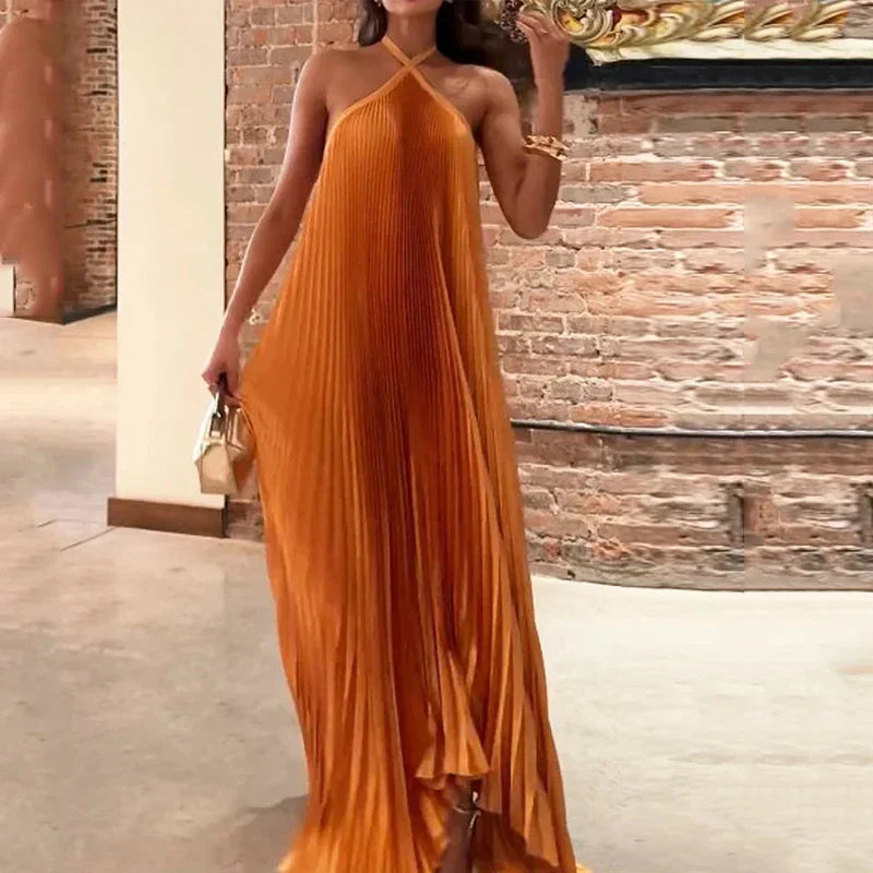 Women's Pleated Halter Wedding Guest Maxi Dress — product view