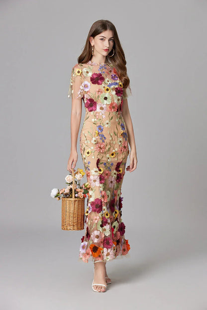 Women's Floral Appliqué Summer Gala Maxi Dress — side view