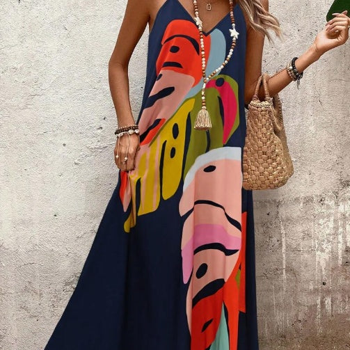 Women's Leaf Print Summer Maxi Dress — product view