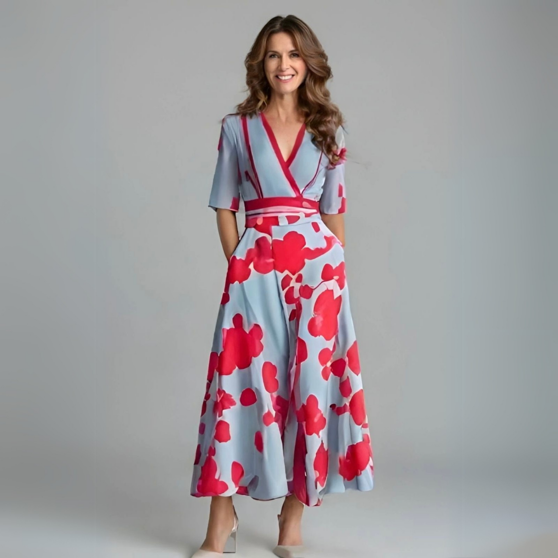 Light blue midi wrap dress with red floral print and contrast trim — front view
