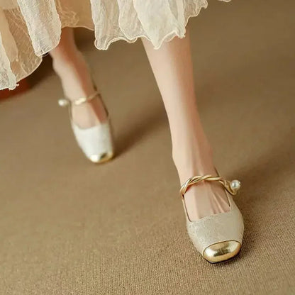 Women's Pearl Strap Mary Jane Block Heels — detail view