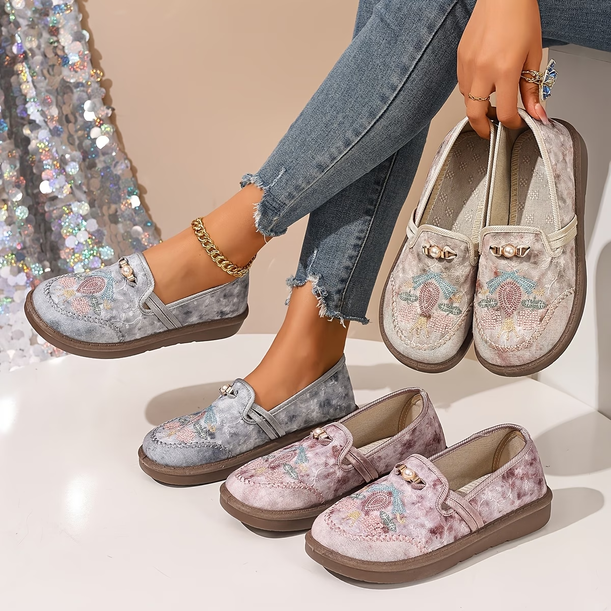 Women's Embroidered Floral Loafers — side view