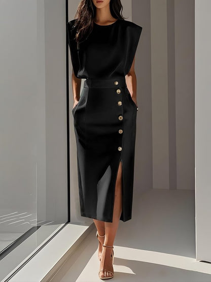 Button-Front Midi Dress with Side Slit for Women