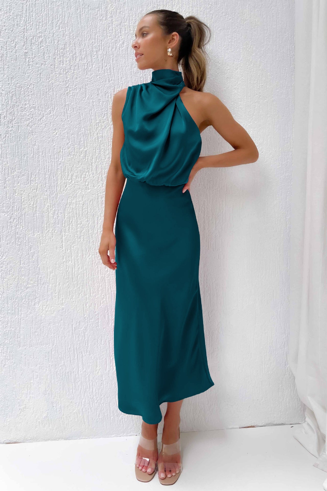 Women's Satin Halter Evening Maxi Dress — front view
