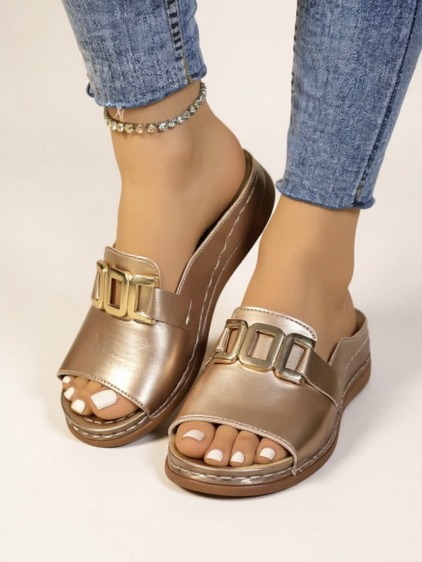 Women's Cushioned Buckle Slides — front view