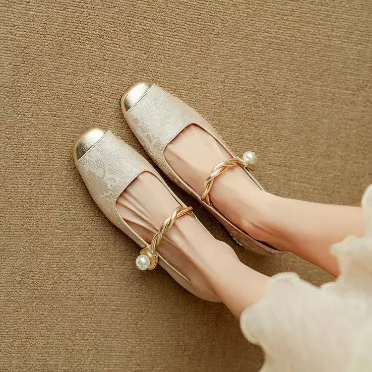 Women's Pearl Strap Mary Jane Block Heels — close-up