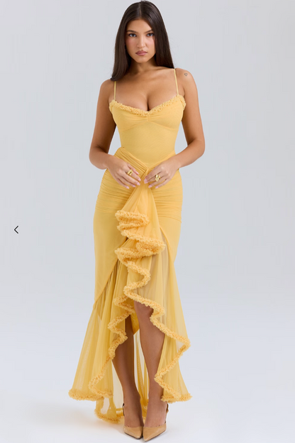 Yellow ruched maxi dress with lace trim ruffled slit and spaghetti straps — front view