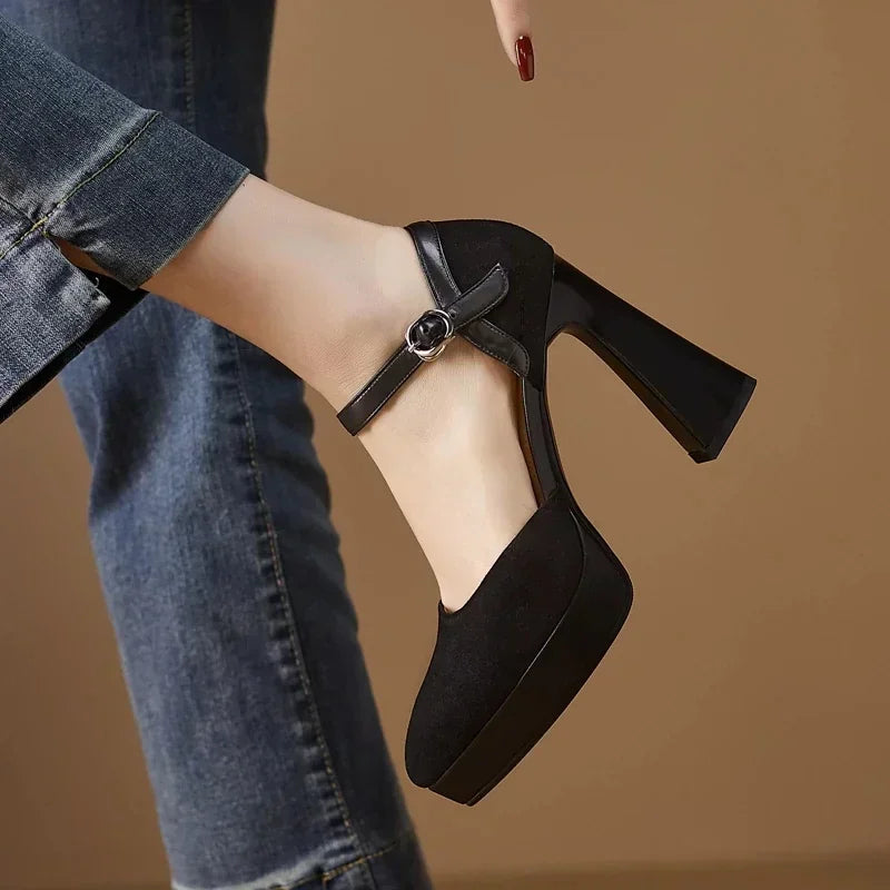 Women's Platform Block Heel Pumps Ankle Strap High Heels — product view