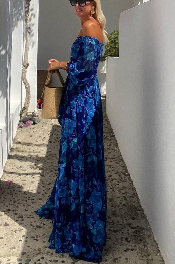 Women's Floral Off-Shoulder Wedding Guest Evening Maxi Dress — detail view