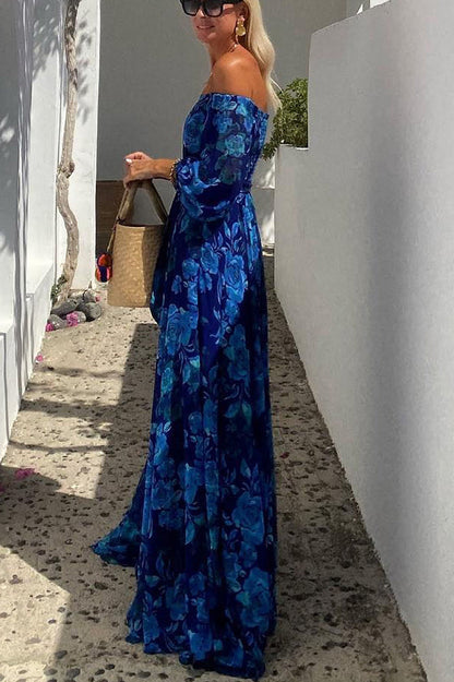 Women's Floral Off-Shoulder Wedding Guest Evening Maxi Dress — detail view