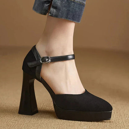 Women's Platform Block Heel Pumps Ankle Strap High Heels — close-up