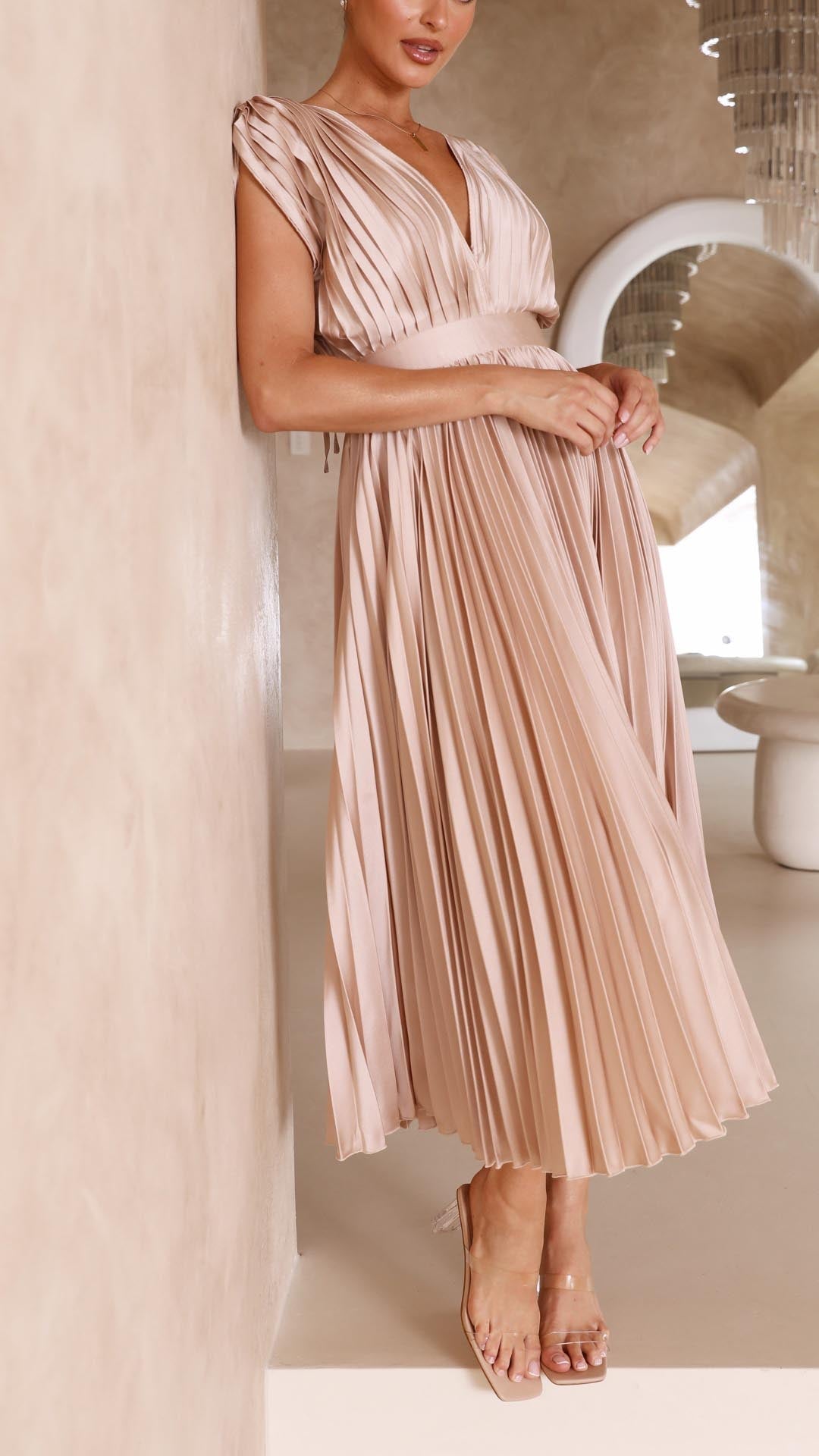Women's Pleated Formal Evening Maxi Dress — close-up