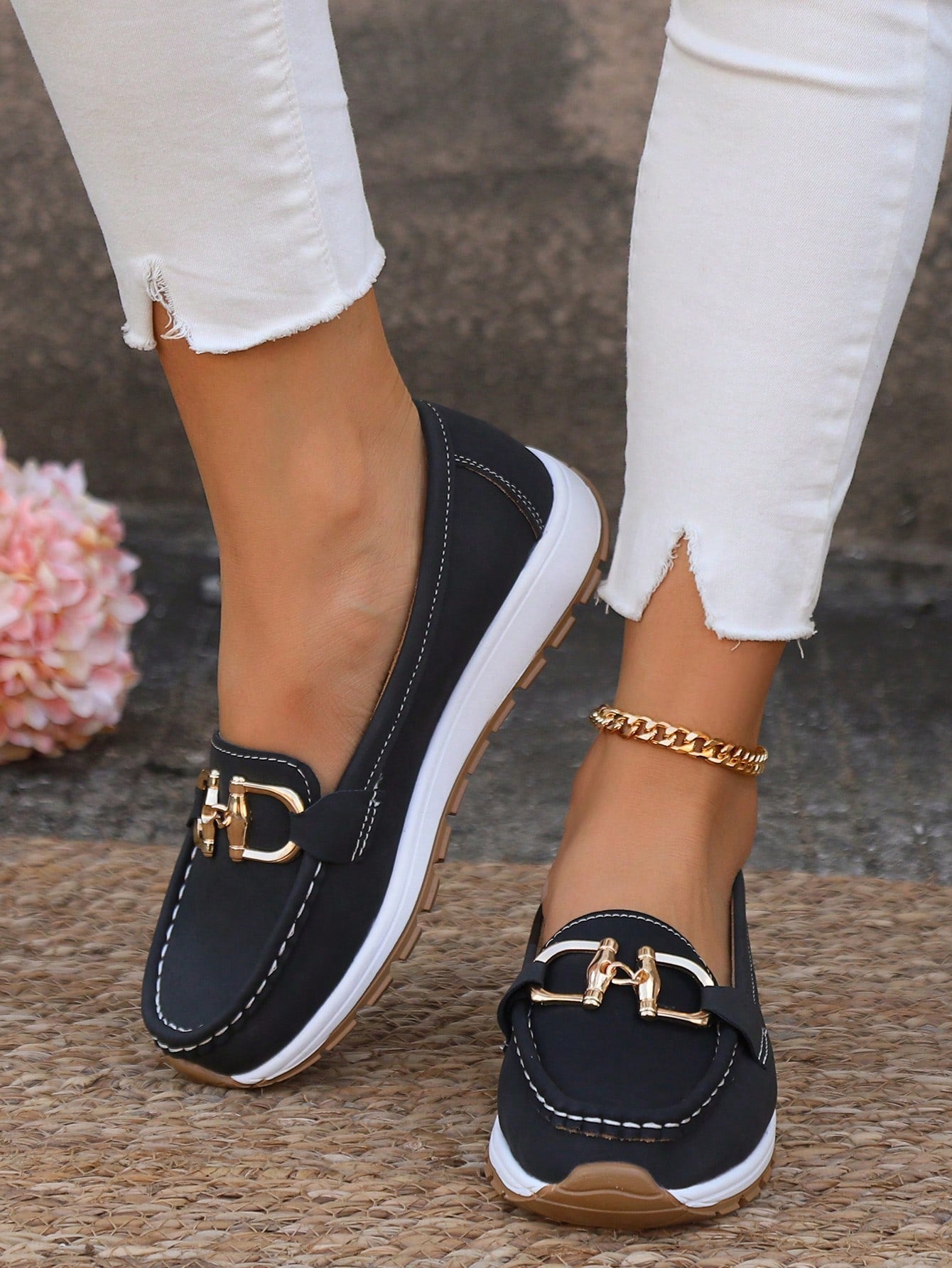 Women's Gold Buckle Comfort Loafers — product view