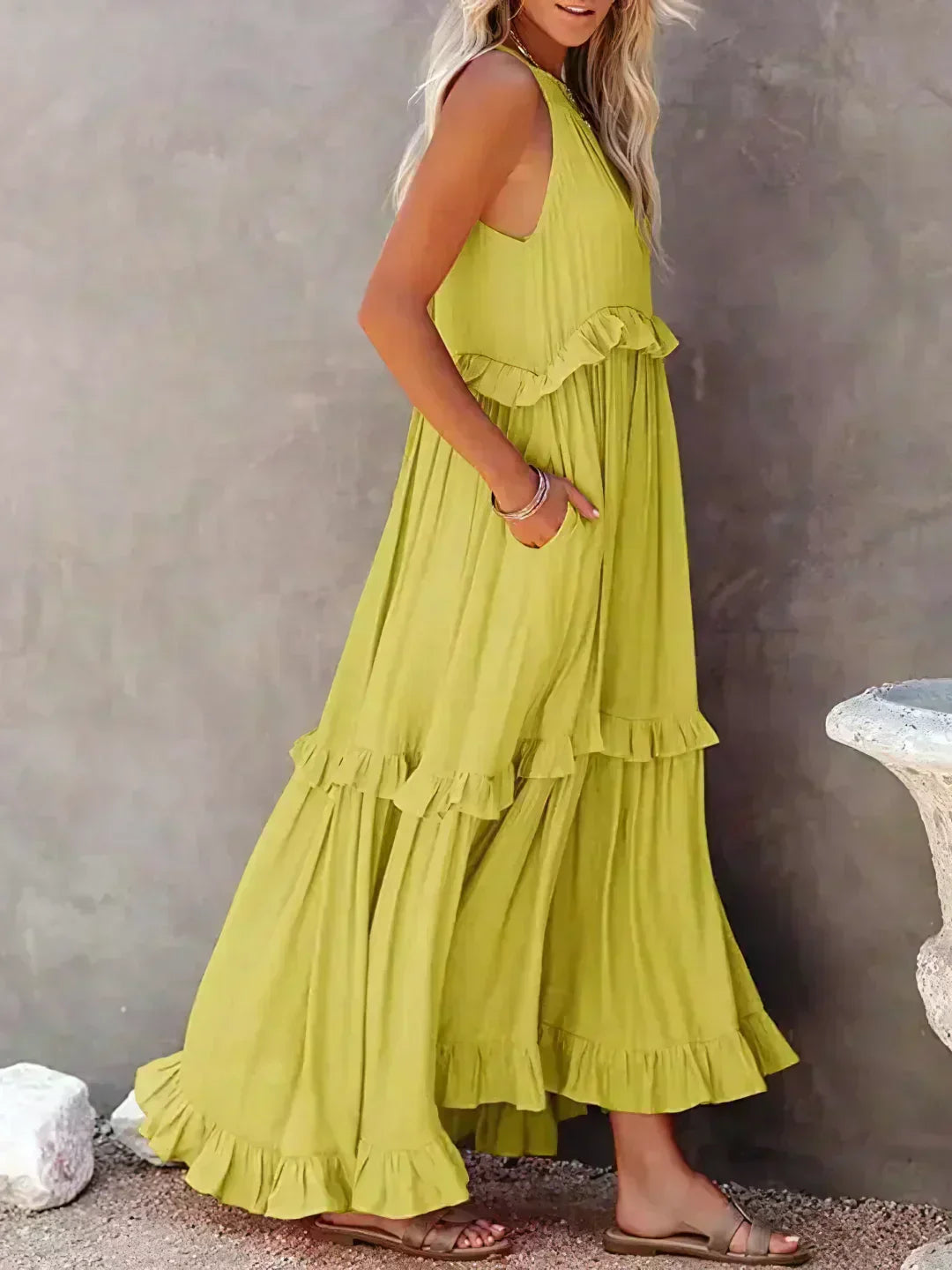 Women's Sleeveless Ruffle Day-to-Evening Midi Dress — side view