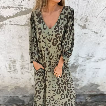 Leopard print midi dress with V-neck and long sleeves — front view