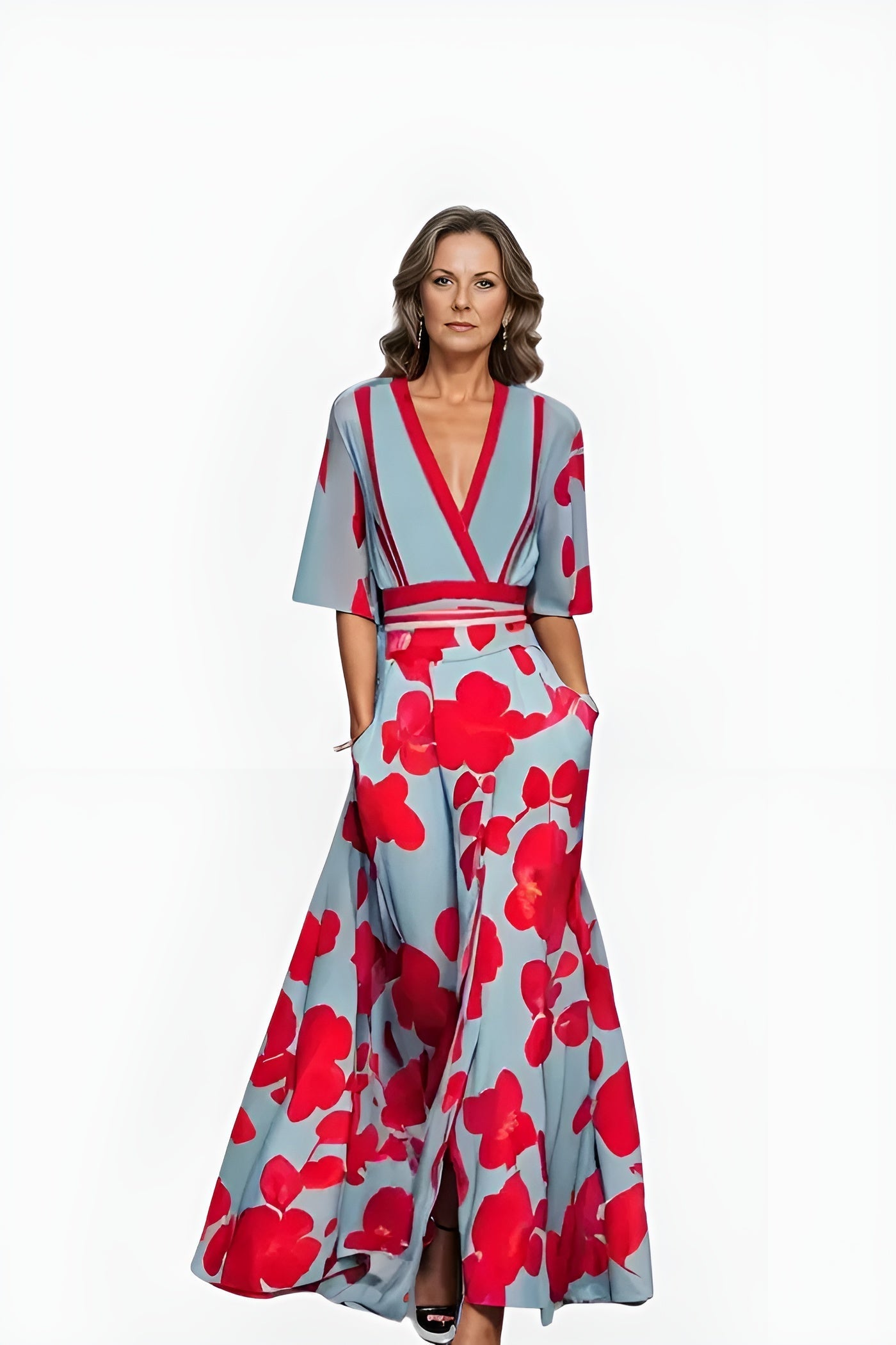 Women's Floral Wrap Summer Midi Dress — close-up
