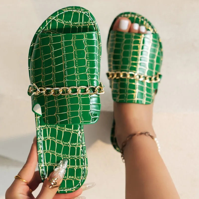 Chain Detail Flat Slide Sandals for Women — detail view