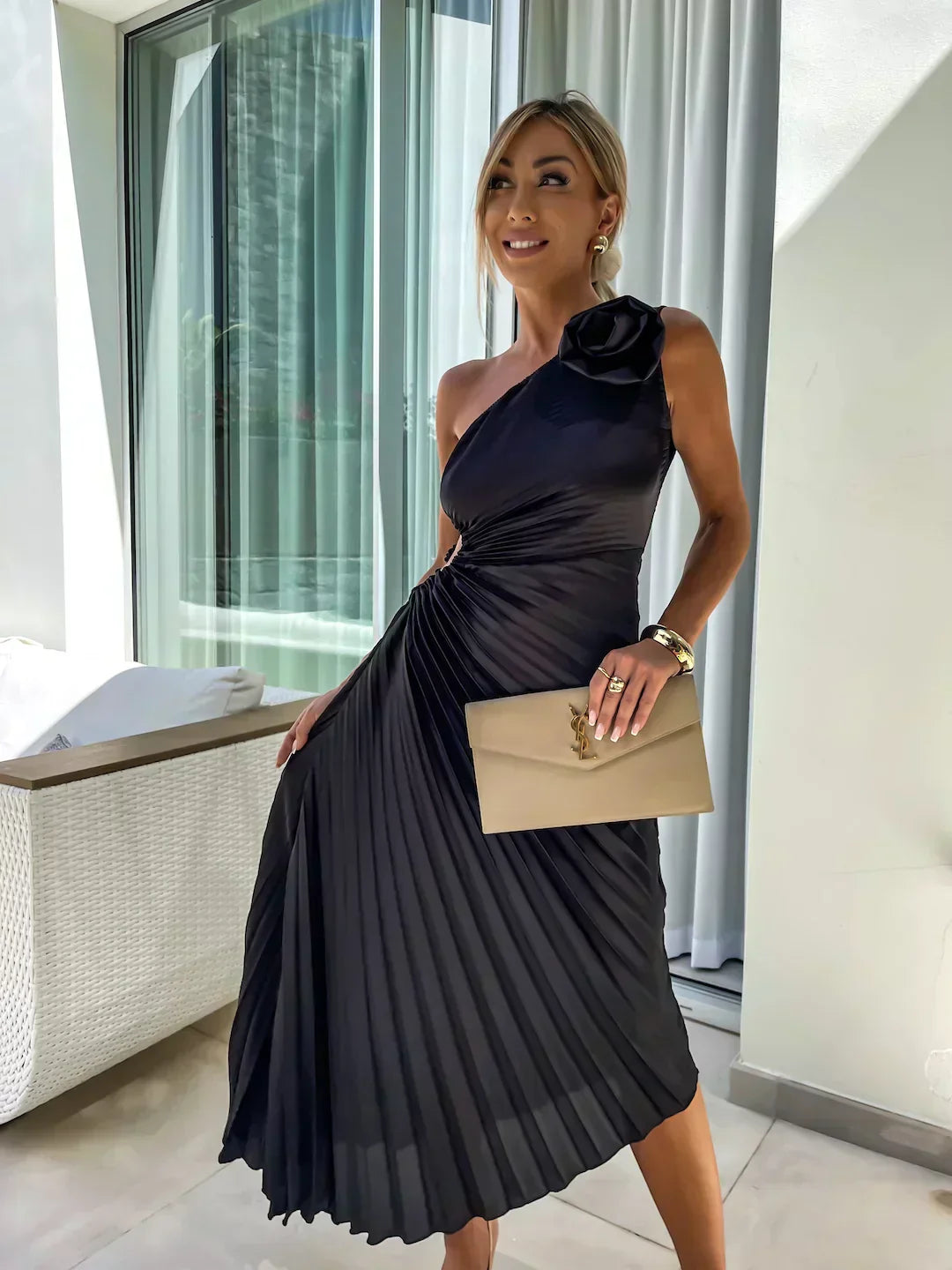 One-Shoulder Pleated Midi Dress for Women