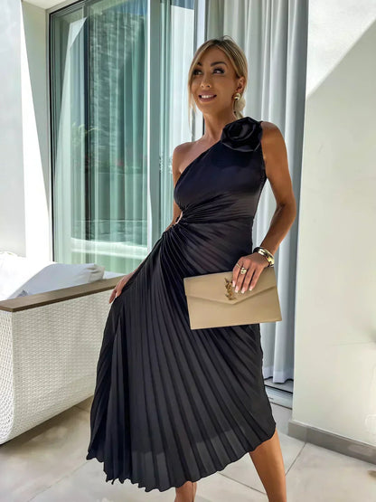 One-Shoulder Pleated Midi Dress for Women