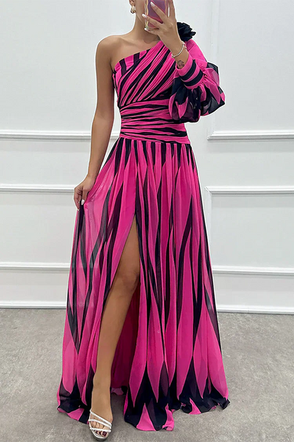 Women's Striped One-Shoulder Wedding Guest Maxi Dress — side view