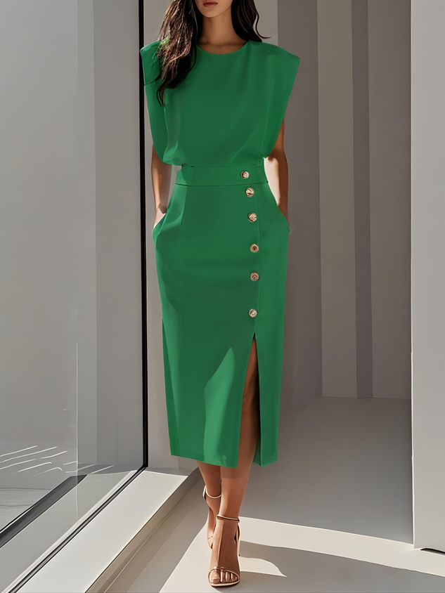 Women's Round Neck Daytime Midi Dress — side view
