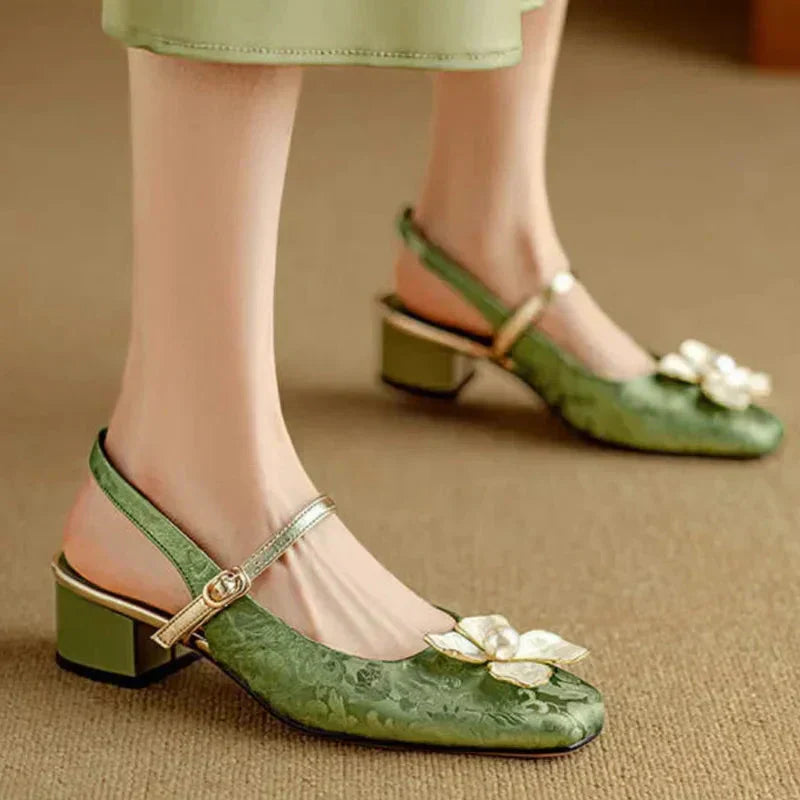 Women's Floral Slingback Square Toe Block Heel Pumps — product view
