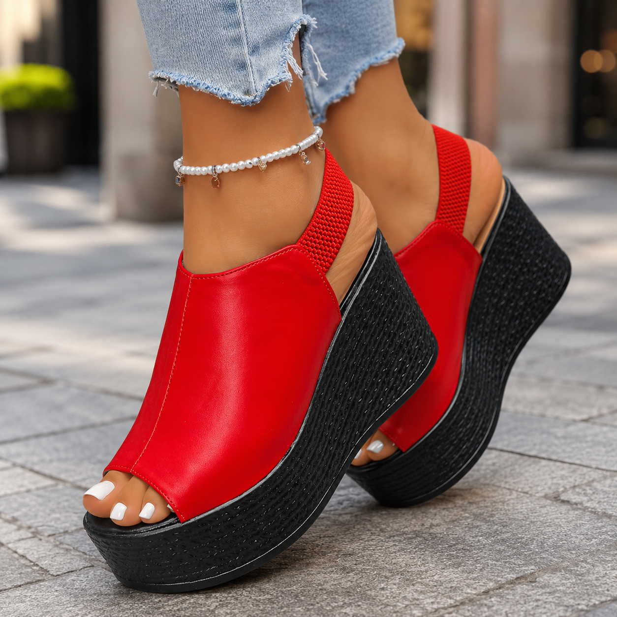 Women's Leather Peep-Toe Wedge Platform Sandals — close-up