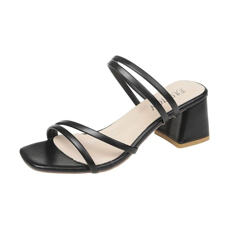 Black strappy block heel sandals with double crossover straps — side angle view