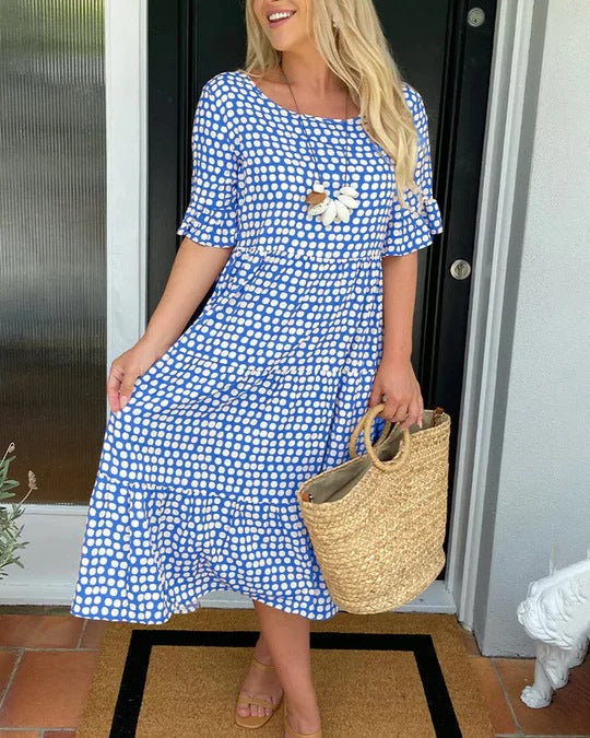 Women's Dotted Print Casual Midi Dress — close-up