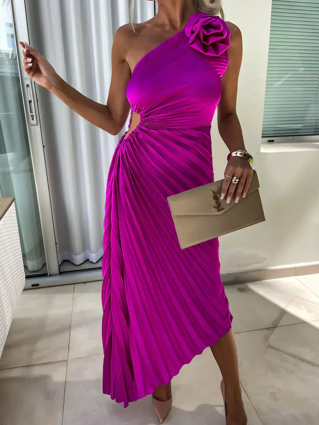 One-Shoulder Pleated Midi Dress for Women