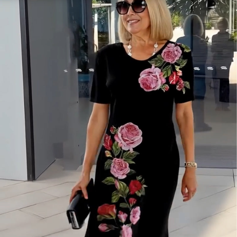 Floral Print Short Sleeve Midi Dress for Women — detail view