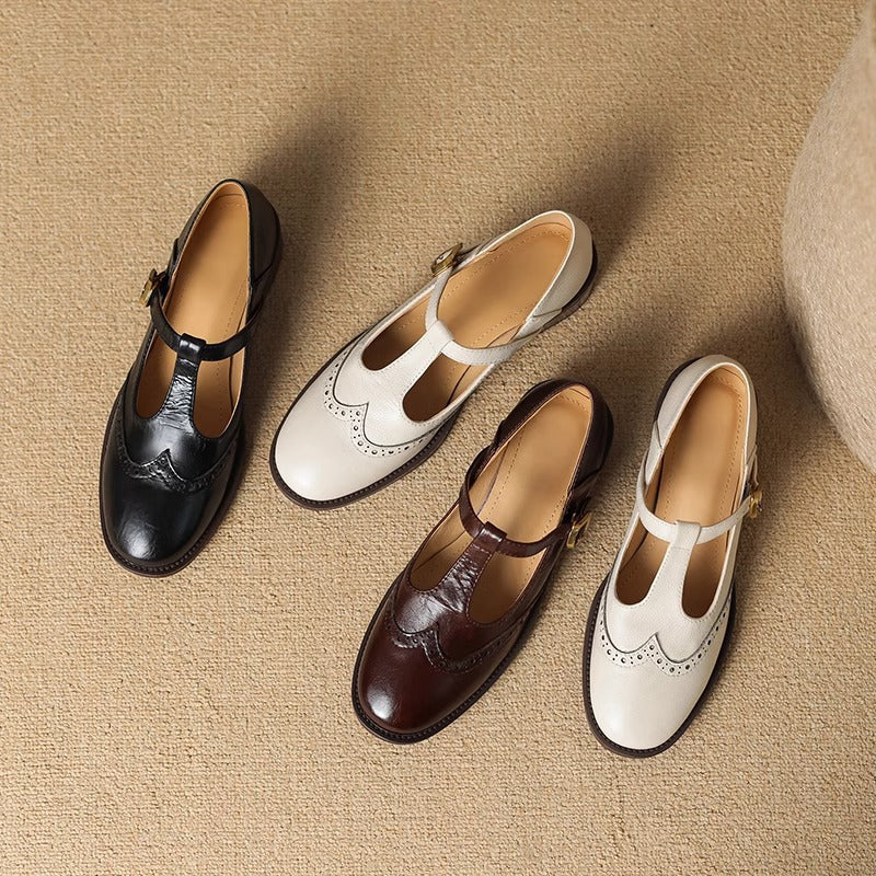 Women's Leather Brogue T-Strap Mary Janes — side view