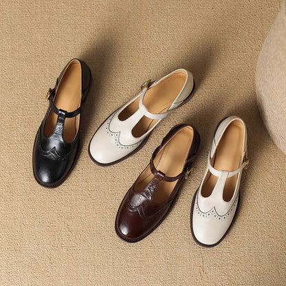 Women's Leather Brogue T-Strap Mary Janes — side view