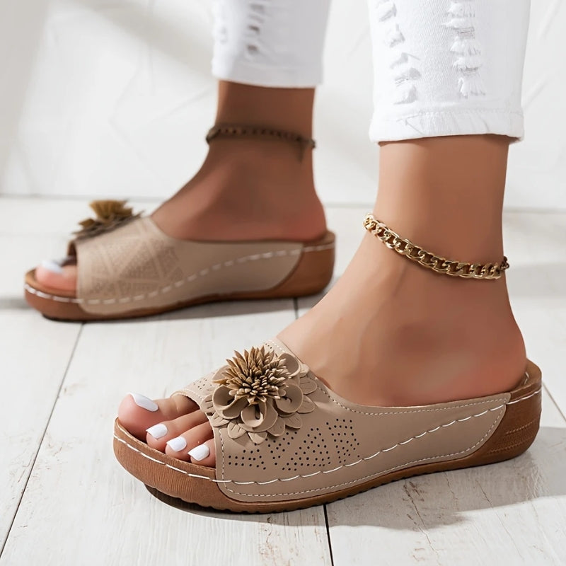 Women's Flower Wedge Slip-On Open Toe Slides — product view