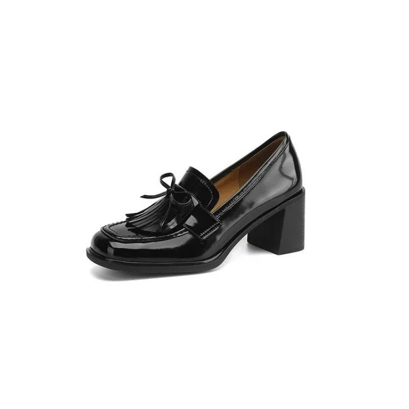 Women's Tassel Block Heel Loafer Pumps Round Toe — close-up