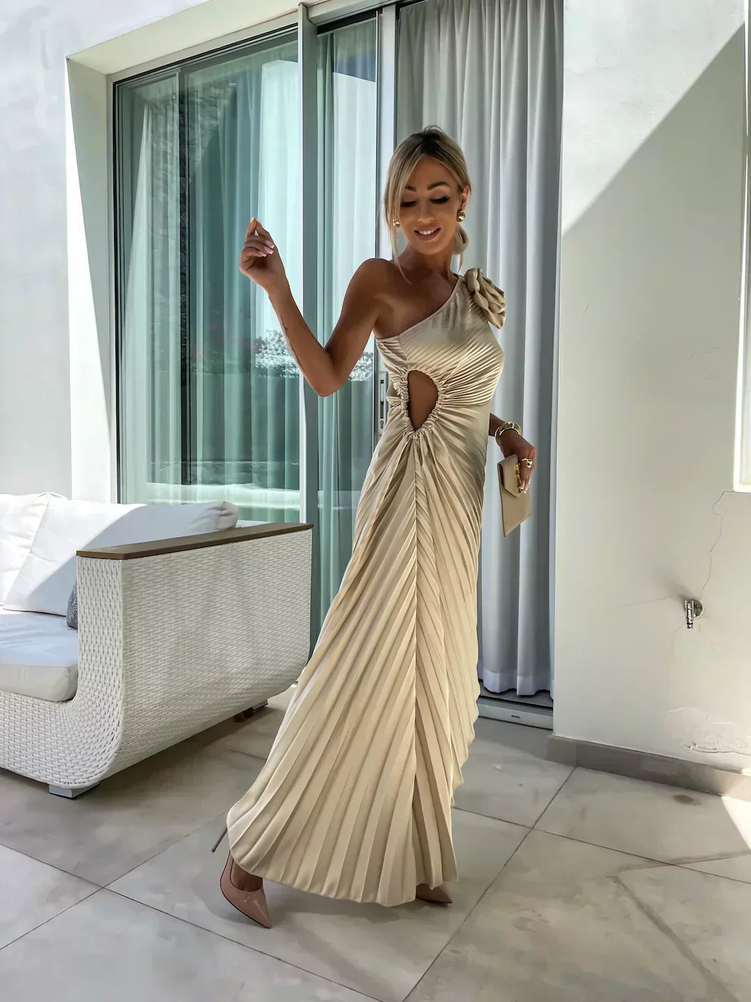One-Shoulder Pleated Midi Dress for Women