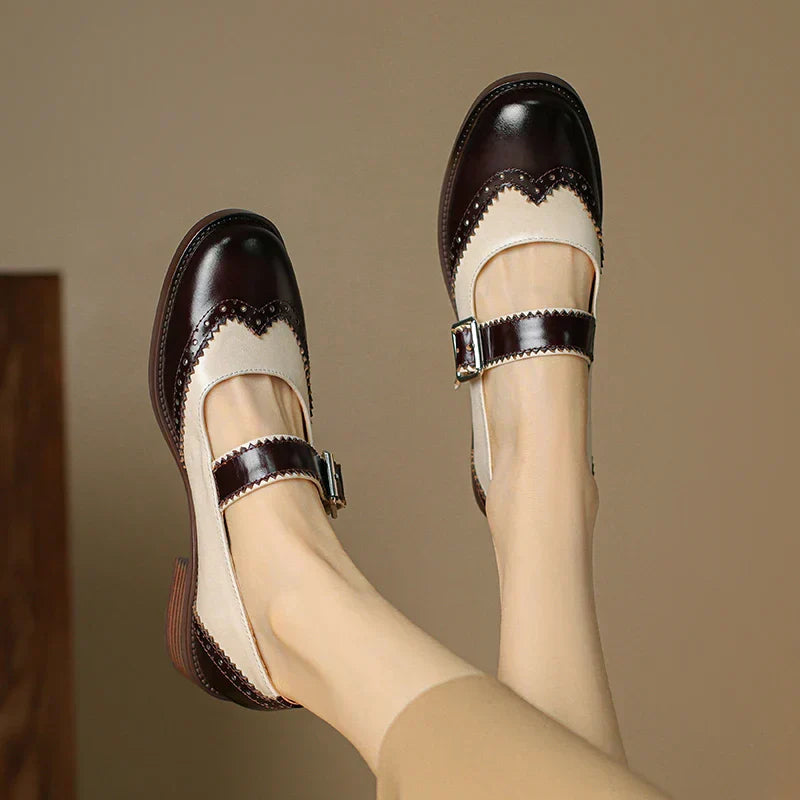 Women's Two-Tone Leather Mary Jane Brogue T-Strap Shoes — close-up