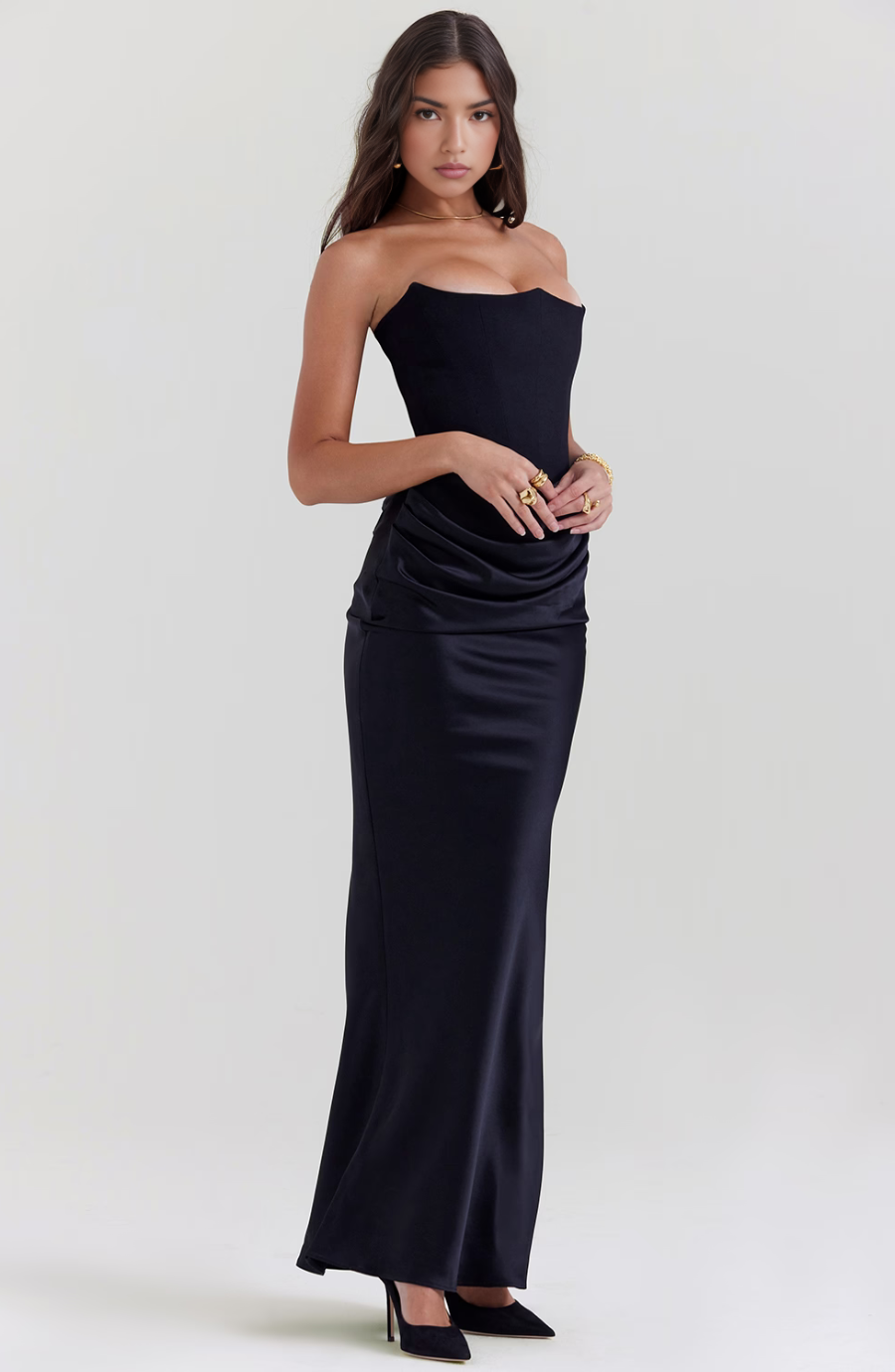 Women's Lace Strapless Evening Maxi Dress — front view